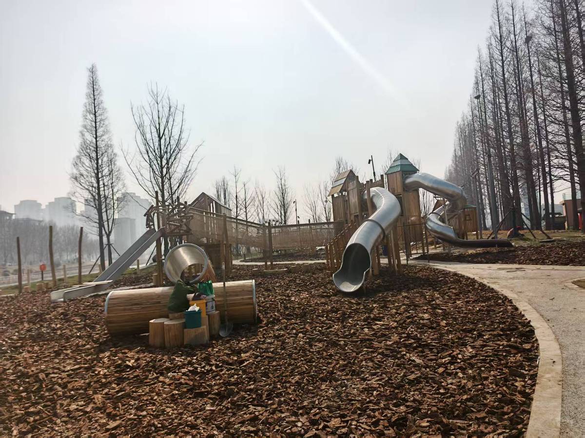 荆州森林公园-不锈钢滑梯与木质栈桥缓冲区-项目实拍