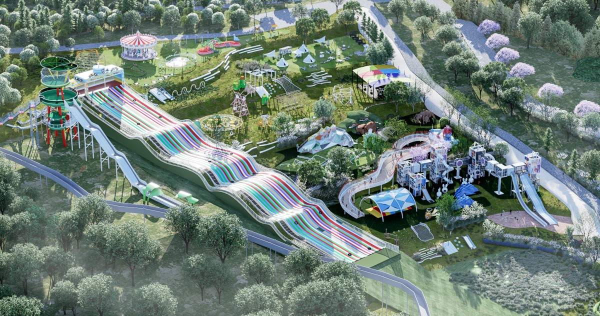 山谷草地大型主题乐园-全园鸟瞰彩虹巨型滑梯群与帐篷营地区-方案鸟瞰效果图 山谷草地大型主题乐园-全园鸟瞰彩虹巨型滑梯群与帐篷营地区-方案鸟瞰效果图
